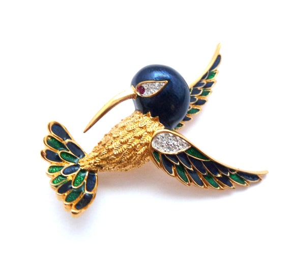 Vintage Enamel And Rhinestone Hummingbird Bird De… - image 3