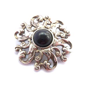 Vintage Ornate Black Cabochon Set Retro Art Nouveau Revival Style Brooch, 80s 90s Jewellery