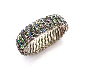 Vintage Rainbow Iris Glass Rhinestone Four Row Empire Bracelet, 50's Jewellery.