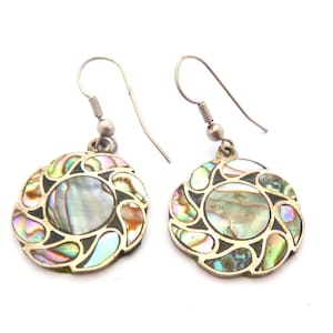 Abalone Shell Inlaid Geometric Drop Design Alpaca Silver Earrings, 90s Jewellery