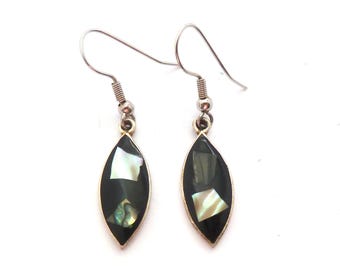 Vintage Small Alpaca Silver And Abalone Shell Oval Shaped Drop Earrings, 80s 90s Jewellery
