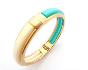 Vintage Two Tone Geometric Retro Design Hinged Bangle, 80s Jewellery