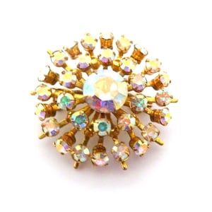 Vintage  Aurora Borealis Rhinestone Set Layered Atomic Design Statement Brooch, 50s Jewellery