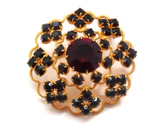 Vintage Faux Garnet Rhinestone Set Abstract Floral Design Statement Brooch, 60s 70s Jewellery