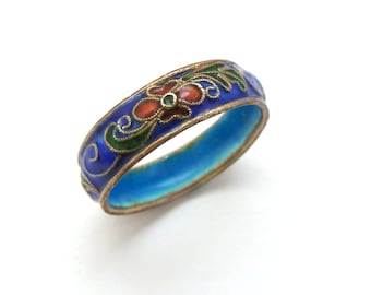 Vintage Blauer Cloisonné-Emaille-Ring mit Blumenmuster, UK-Größe S, US-Größe 9 1/2, 80er-Jahre-Schmuck.