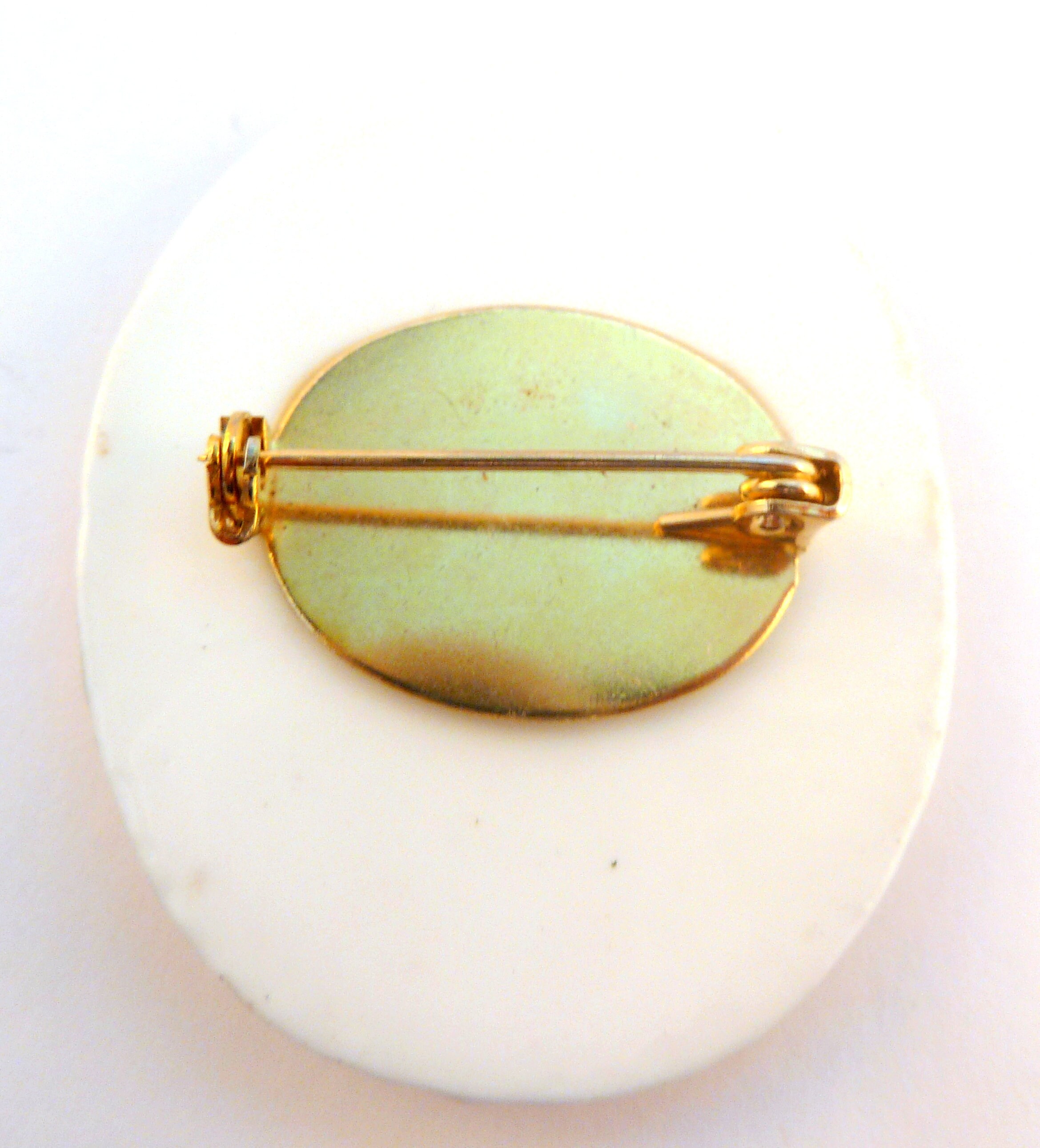 Grande Broche Vintage En Céramique Bleue - Bijou Ancien Argenté - Occasion Bel état