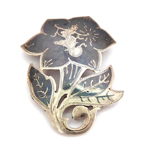 Vintage Sterling Silver Niello Ware Mekkala Dancing Goddess Design Floral Style Siam Brooch
