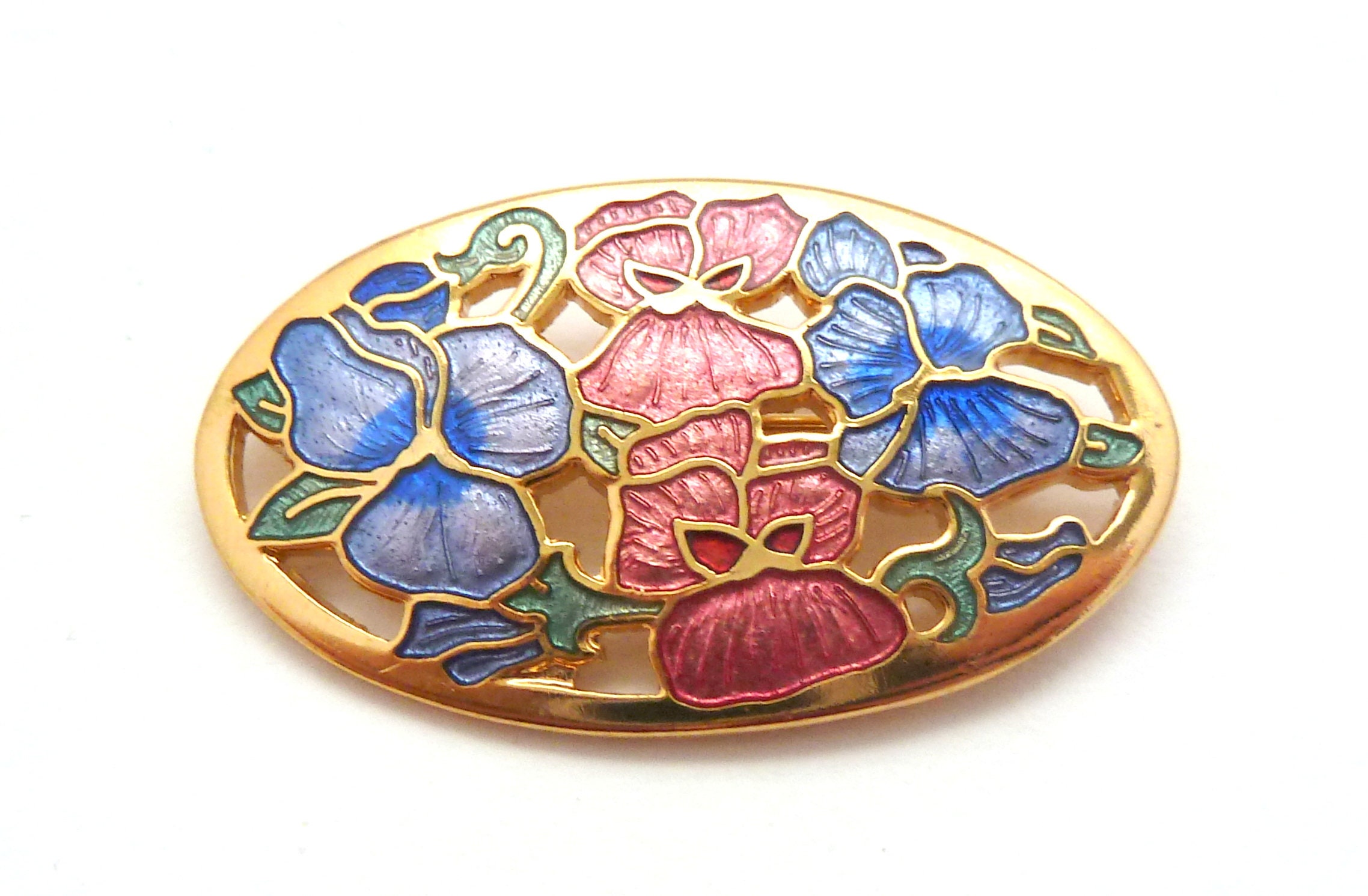 Vintage Cloisonne Enamel Pansy Flower Design Brooch by Fish and