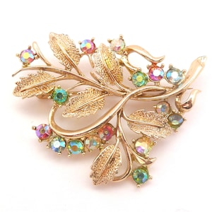 Vintage Large Aurora Borealis Rhinestone Set Leaf Design Brooch, 50s Jewellery
