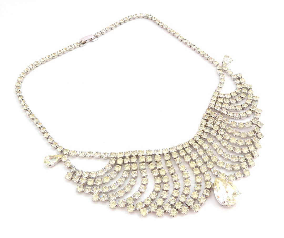 Vintage Necklace, Rhinestone Set Swag Drop Design Statement Choker, 70s ...