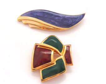 Two Vintage Enamel Detailed Retro Abstract Design Brooches,  80s Jewellery