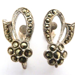 Vintage Flower And Ribbon Design Marcasite Set Screw Back Earrings, 40s 50s Jewellery