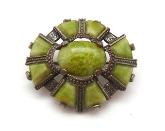 Vintage Miracle  Faux Green Connemara Marble Scottish Shield Celtic Design, 70's Jewellery.