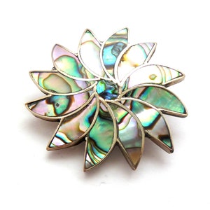 Könnte beinhalten: Eine silberne Brosche mit einem Blumendesign aus schillerndem Abalone-Muschel. Die Blume hat einen zentralen blauen Stein.
