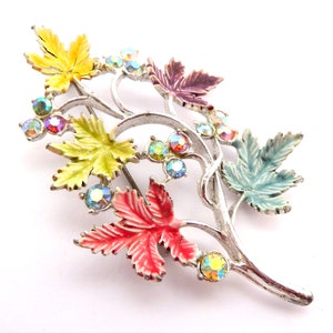 Vintage Brooch, Aurora Borealis Rhinestone And Enamel Leaf Design Pin, 50s 60s Jewellery