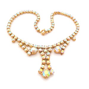 Vintage Aurora Borealis Rhinestone Set Ornate Drop Design Choker Necklace, 50s 60s Jewellery.