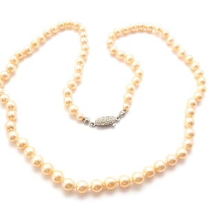 Vintage Faux Pearl Hand Knotted Matinee Necklace With Rhinestone Clasp, 50s 60s Jewellery .