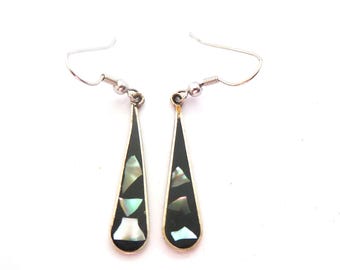 Vintage Small Alpaca Silver And Abalone Shell Geometric Shaped Drop Earrings, 80s 90s Jewellery