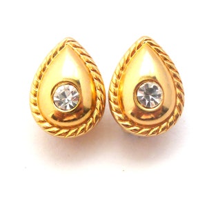 Vintage Earrings, Small Rhinestone Detailed Teardrop Shaped Clip Ons, 80s 90s Jewellery