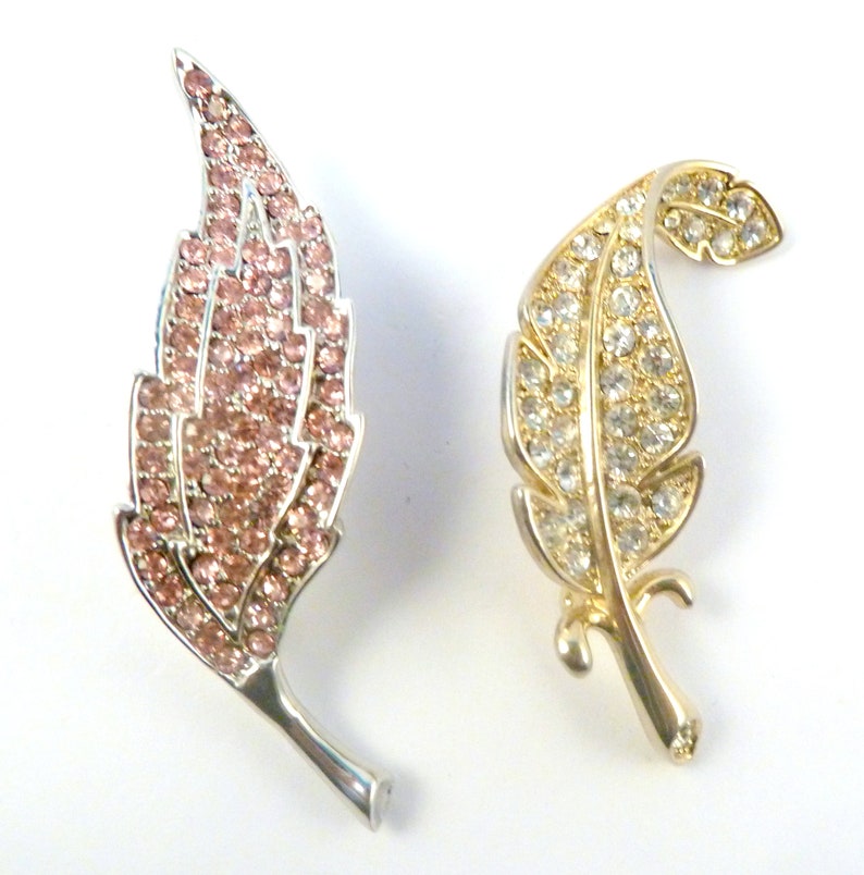 Set Of Two Pink And White Rhinestone Leaf Style Brooches. Statement Vintage Rhinestone Leaf Pins