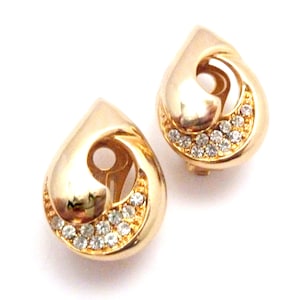 Vintage Pim Piscitelli Rhinestone Teardrop Clip On Earrings: 80s-90s Gold Tone Jewelry