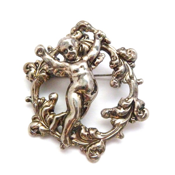 Vintage Large Cherub Holding Aloft A Torch Art Nouveau Revival Style Brooch, 50s 60s Jewellery,