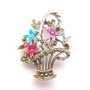 Vintage Brooch, Marcasite And Enamel Flower Basket Design Pin, 50s Jewellery.