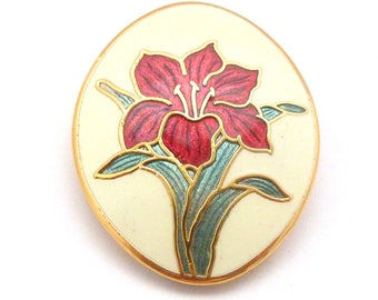 Vintage Brooch, Red Iris Cloisonne Enamel Flower Pin By Fish And Crown, 80's Jewellery.