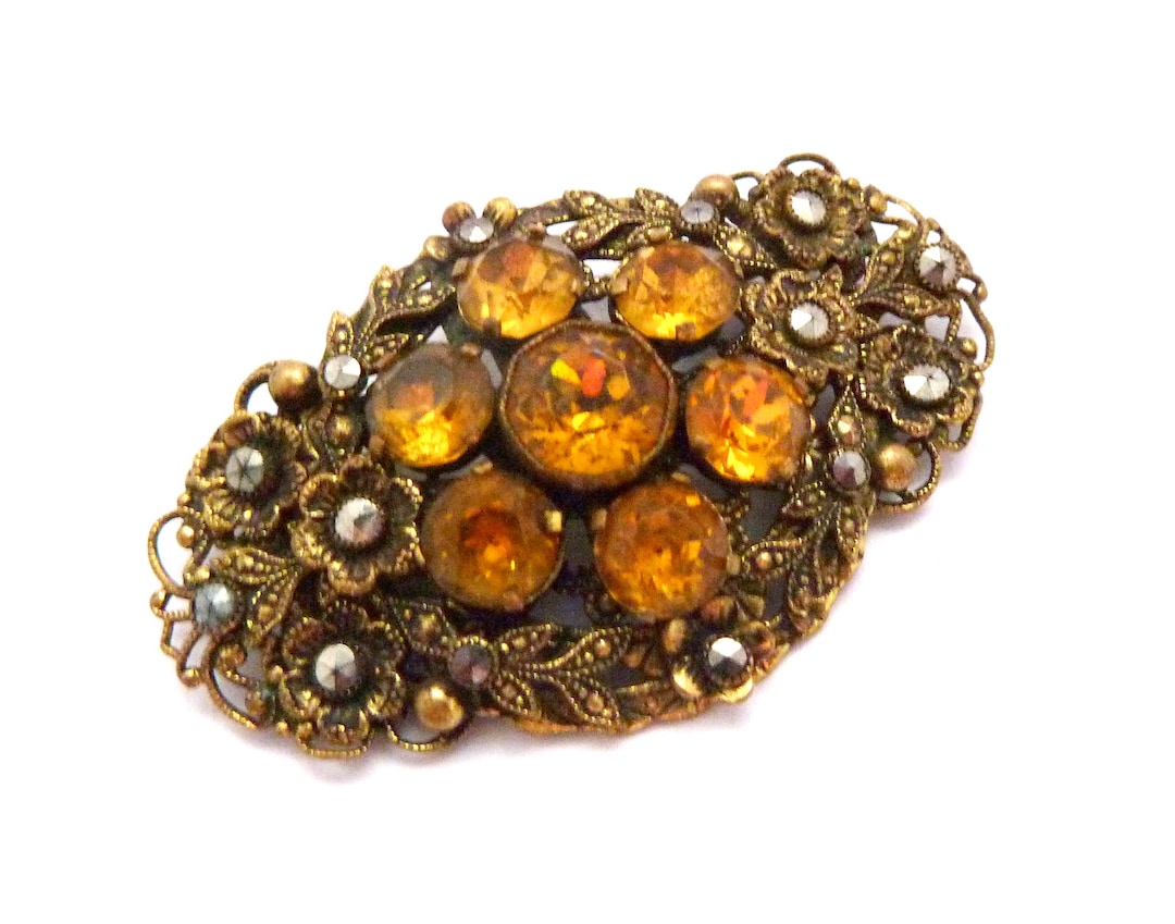 Vintage Large Czech Amber Rhinestone Floral Design Statement Brooch ...