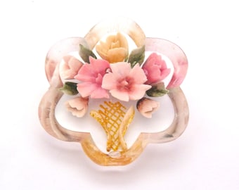 Vintage Large Reverse Carved Lucite Flower Posy Floral Basket Design Brooch, 40s 50s Jewellery
