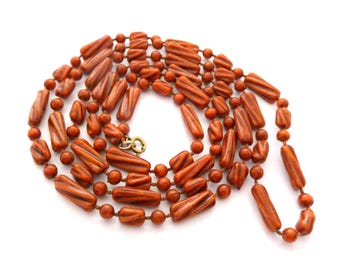 Vintage Mock Wood  Plastic Beaded Retro Pop Design Rope length Necklace, 80s Jewellery