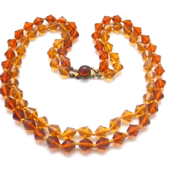 Vintage Double Stranded Honey And Orange Coloured Glass Beaded Hand Knotted Choker Necklace, 40s Jewellery