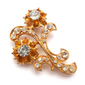 Vintage Citrine And Clear Coloured Rhinestone Set Floral Design Brooch, 50s 60s Jewellery