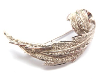 Vintage Sterling Silver And Rhinestone Set Abstract Modernist Leaf Design Brooch, 70s 80s Jewellery.