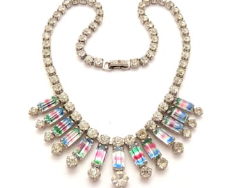 Vintage Rainbow Iris Glass Rhinestone Set Fringe Drop Design Statement Choker Necklace, 50s 60s Jewellery