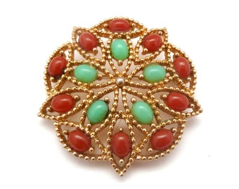 Vintage Sarah Coventry ' Acapulco '  Design  Faux Carnelian And Jade Lucite Cabochon Set Brooch, 60s 70s Jewellery.