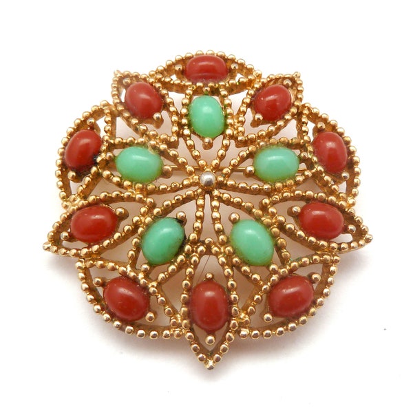 Vintage Sarah Coventry ' Acapulco '  Design  Faux Carnelian And Jade Lucite Cabochon Set Brooch, 60s 70s Jewellery.