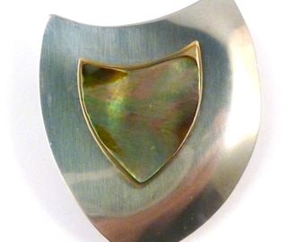 Vintage Large Abalone Shell Brooch, Peak Stainless Steel Modernist Pin