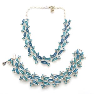 Vintage Jewelcraft Blue Enamel Leaf And Berry Design Bracelet And Adjustable Length Dog Collar Style Necklace Set,  50s 60s Jewellery