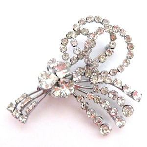 Vintage Large Clear Rhinestone Set Modernist Style Abstract Layered Floral Design Mid Century Statement Brooch, 50s Jewellery