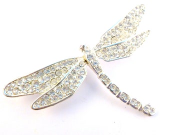 Large Silver Plated Crystal Dragonfly Insect Brooch By Avon, 90s Jewellery.