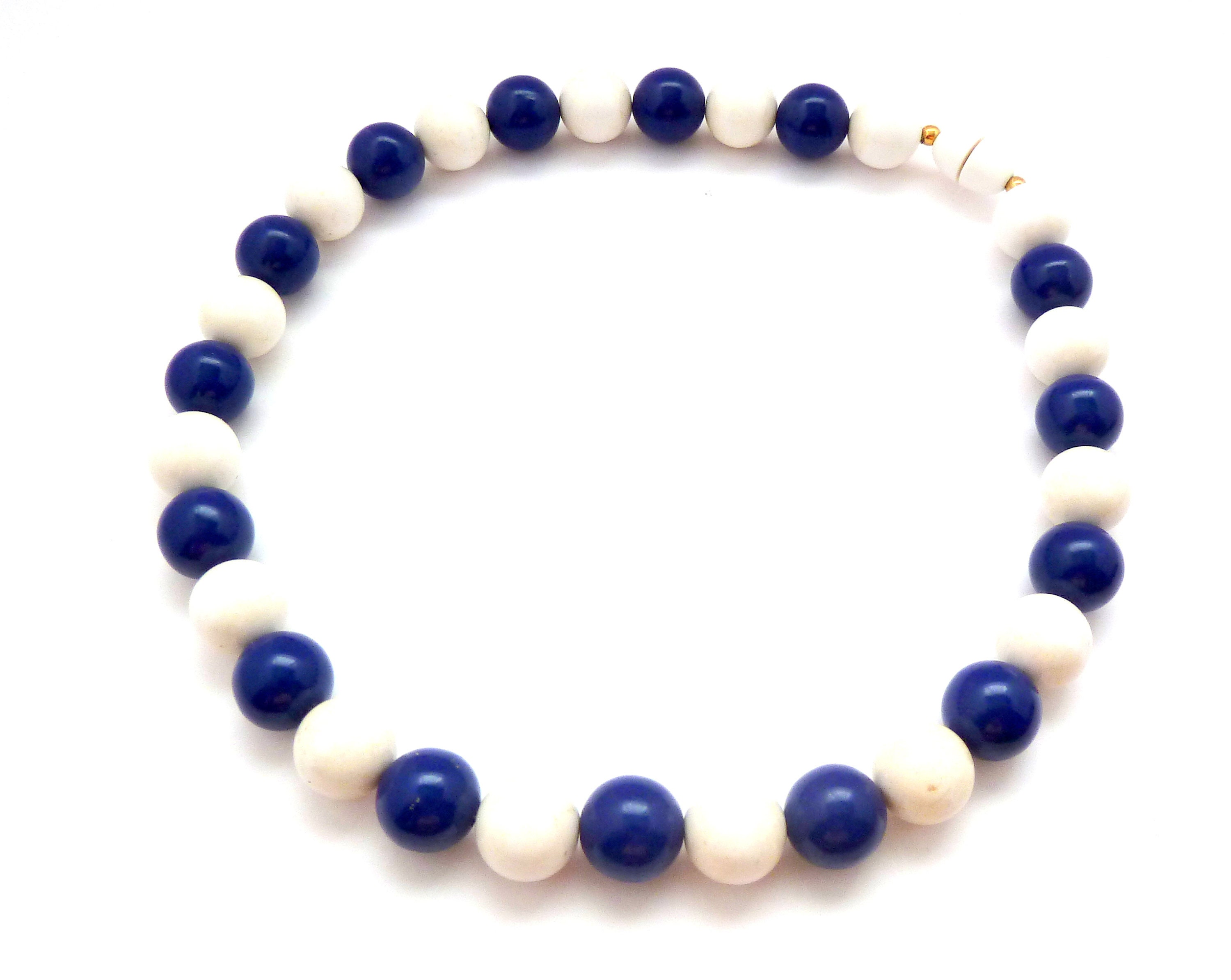 Collier Ras Du Cou Vintage Neuf - Perles Fines Bleues Et Blanches Torsadées - Longueur 40 Cm - 7g