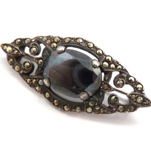 Vintage Brooch Art Deco Era Sterling Silver, Marcasite And Hematite Set Ornate Design Pin, 30s 40s Jewellery