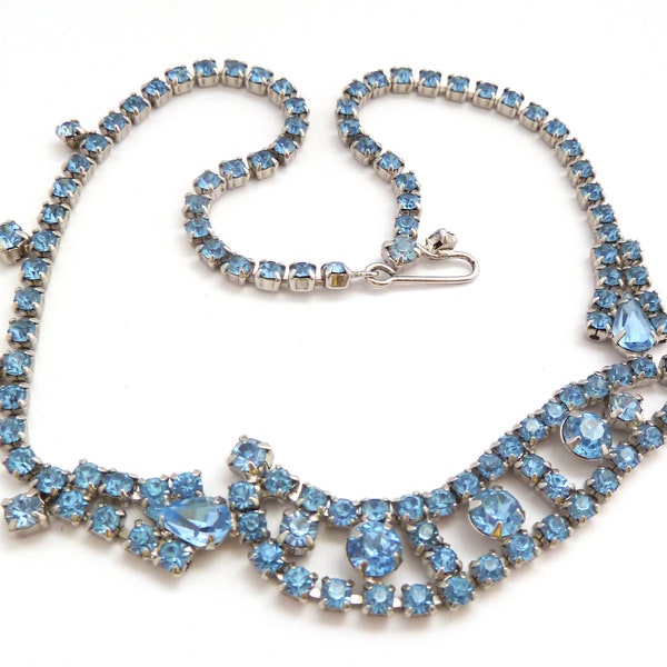 Vintage Blue Rhinestone Set Ornate Abstract Style Statement Design Adjustable Length Dog Collar Short Choker Necklace, 50s 60s Jewellery