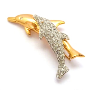 Vintage Swarovski Leaping Dolphins Crystal Inlaid Statement Design Brooch, 80s 90s Jewellery.