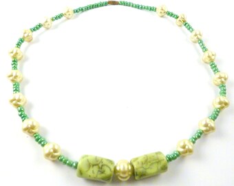 Collier Fantaisie Vintage Perles Vertes Et Orange - Longueur 46-50 Cm, Perles De Verre, Occasion