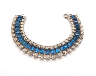 Vintage Blue And Clear Rhinestone Set Mid Century Statement Design Bracelet, 50s Jewellery