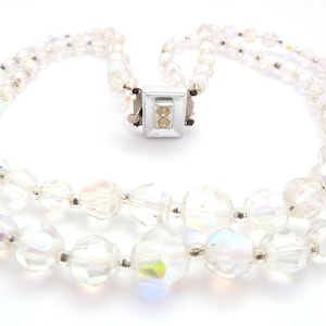 Vintage Necklace Double Stranded Aurora Borealis Crystal Glass Bead Choker, 50s  60s Jewellery.
