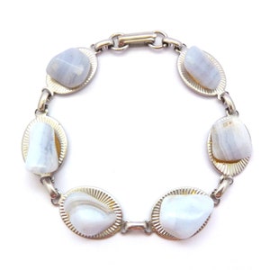 Vintage Blue Lace Agate Gemstone Set Panel Bracelet, 80s Jewellery.