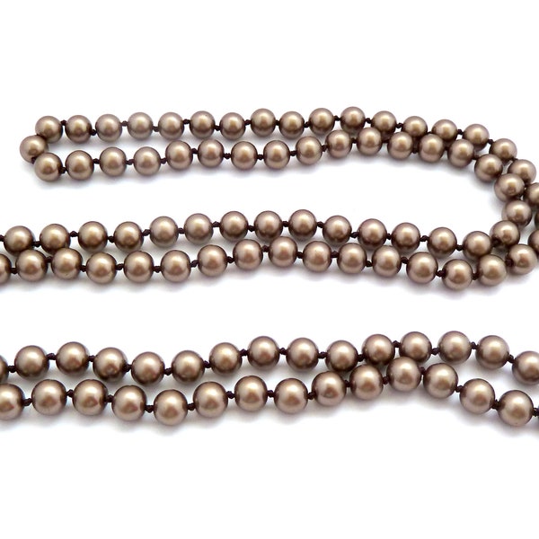 Vintage Long Rope Length Hand Knotted Brown Metallic Faux Pearl Beaded Necklace By Monet, Flapper Style, 80s 90s  Jewellery